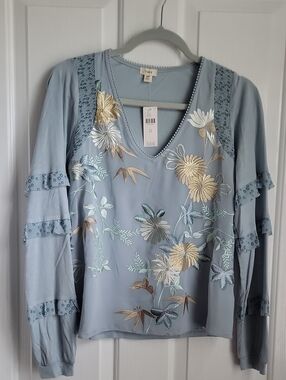 Anthropologie Tiny Blue Embroidered V-Neck Women's Top Shirt New Nwt Xs X Small